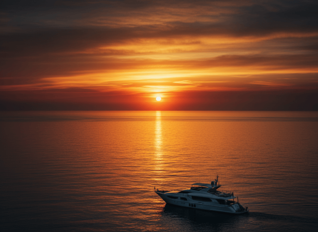 A realistic cinematic photograph of a golden sunrise over a calm horizon, warm golden light flooding the sky, dramatic luxury atmosphere, glowing gold and amber tones fading to dark edges, ultra-realistic
